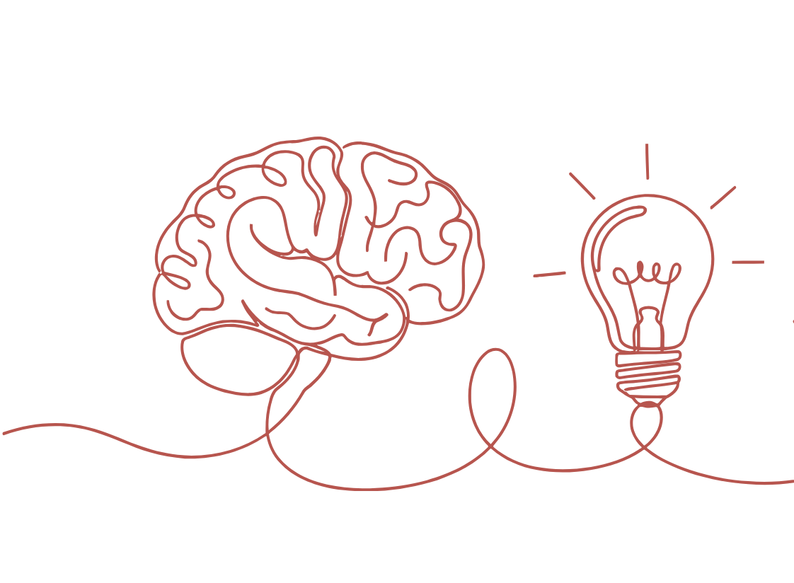 Line drawing of a brain connected to a lightbulb — research into learning