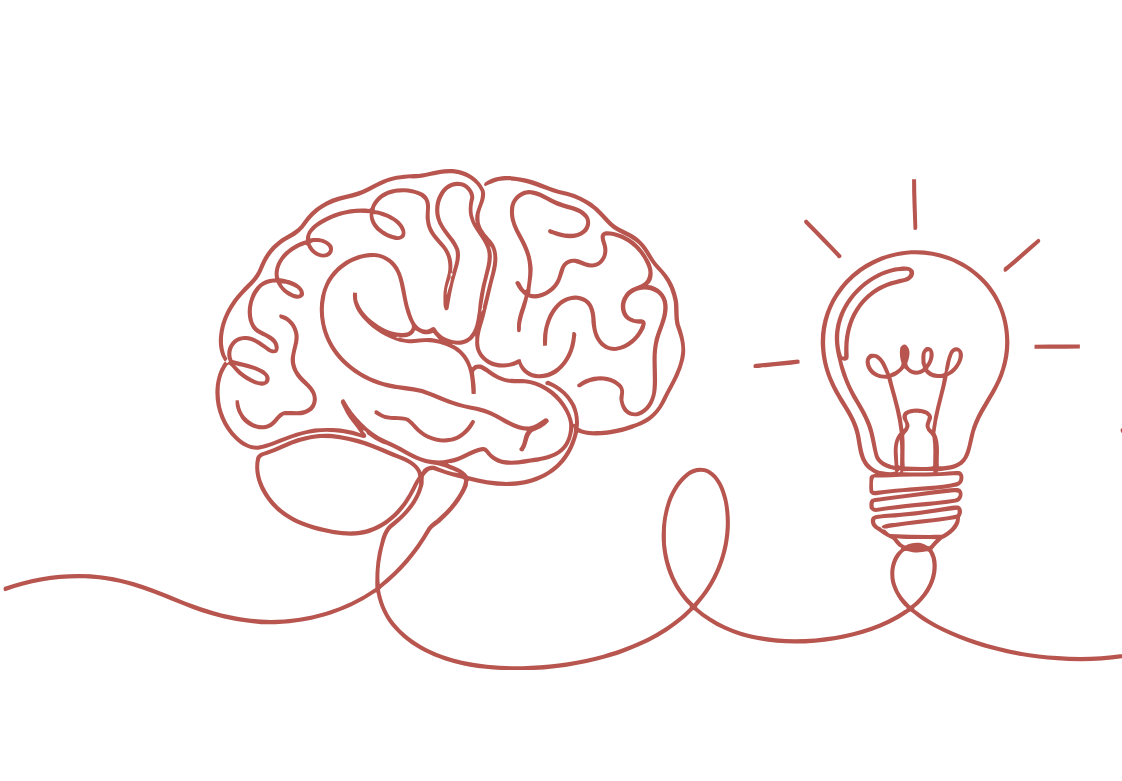 Line illustration of a brain connected to a lightbulb — research and insight